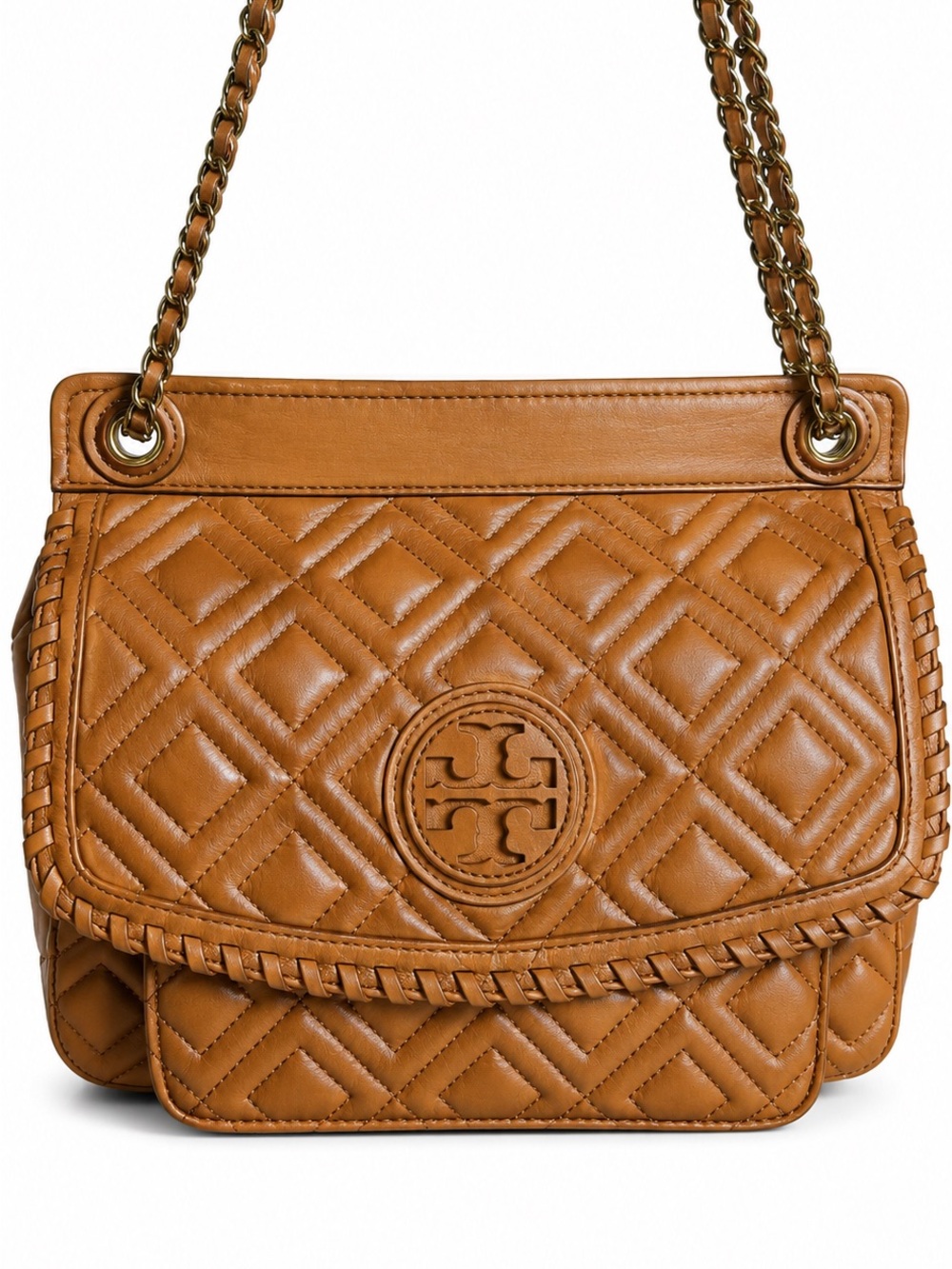 Tory Burch Fleming Brown Leather Quilted Shoulder Bag Chain Strap Whipstitch - Picture 2 of 15